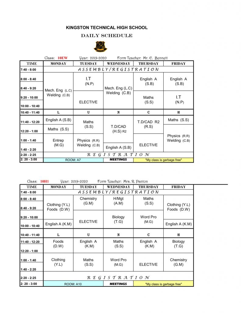 Grade 10 Schedule – Kingston Technical High School