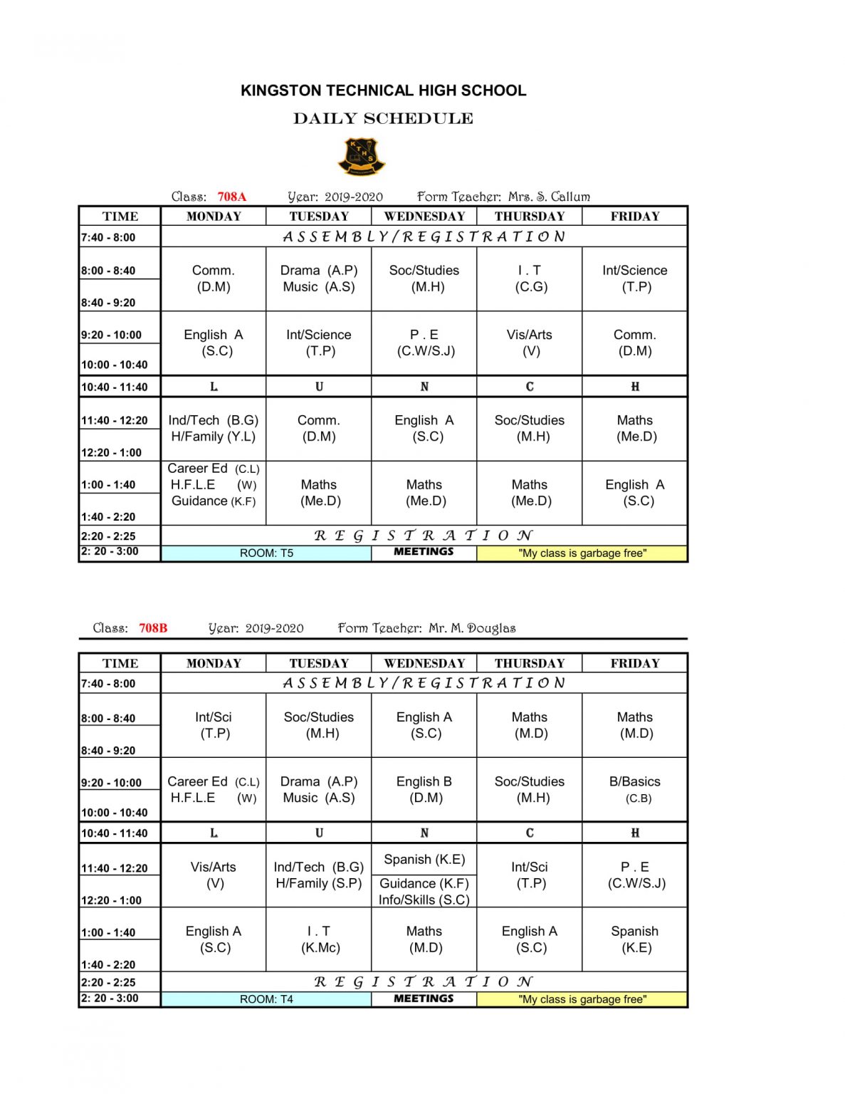 Grade 7 Schedule Kingston Technical High School