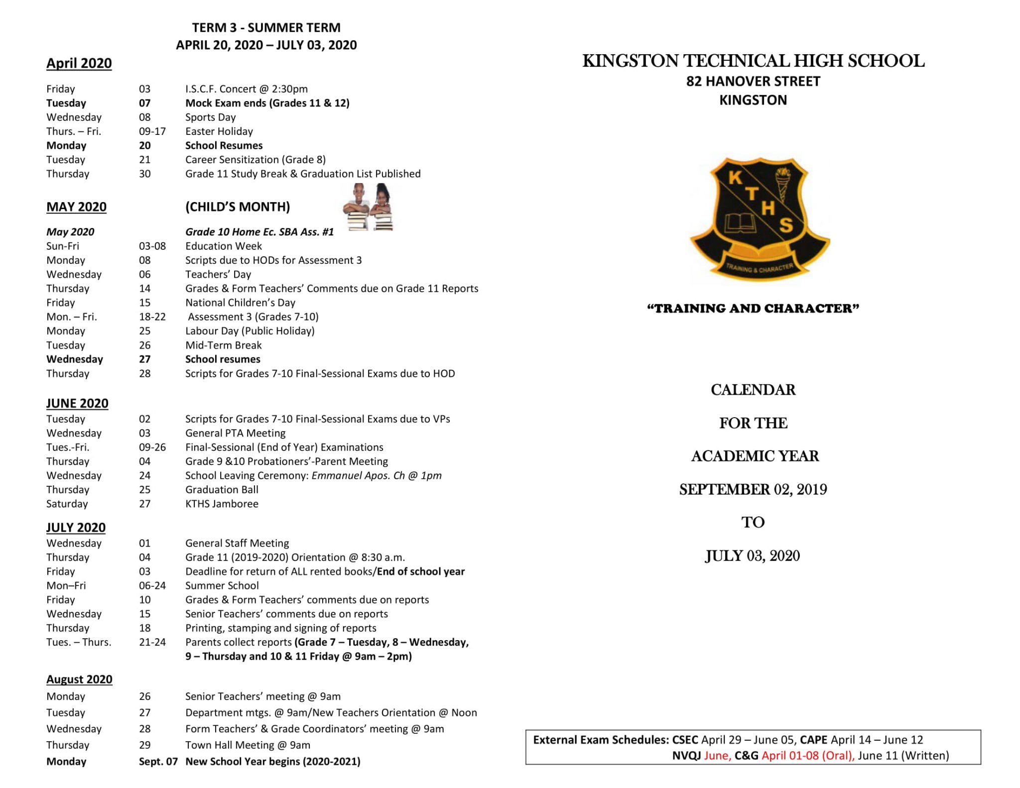 CALENDAR FOR THE ACADEMIC YEAR SEPTEMBER 02, 2019 Kingston Technical